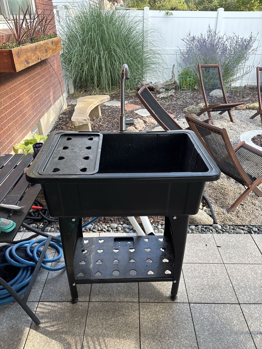 Freestanding Outdoor Utility Sink Station with High-Arc Faucet and Lower Shelf