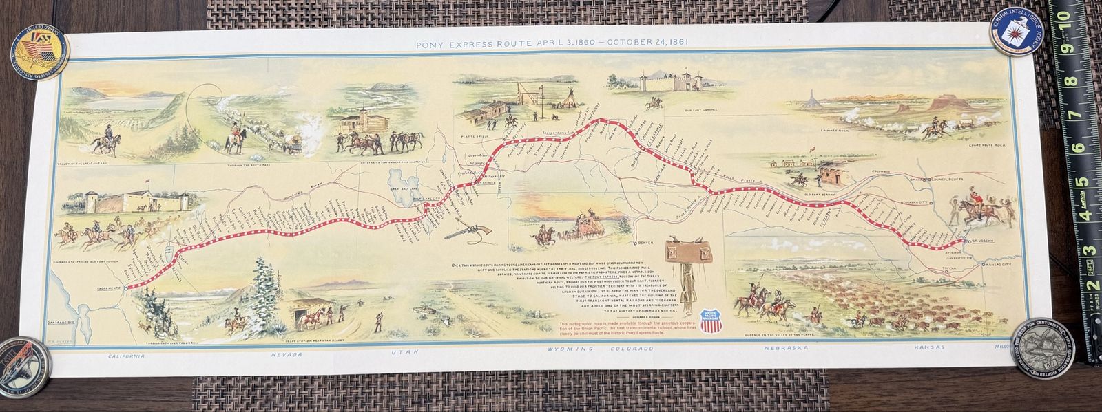 Vintage c.1951 Union Pacific Pony Express Route Pictorial Map