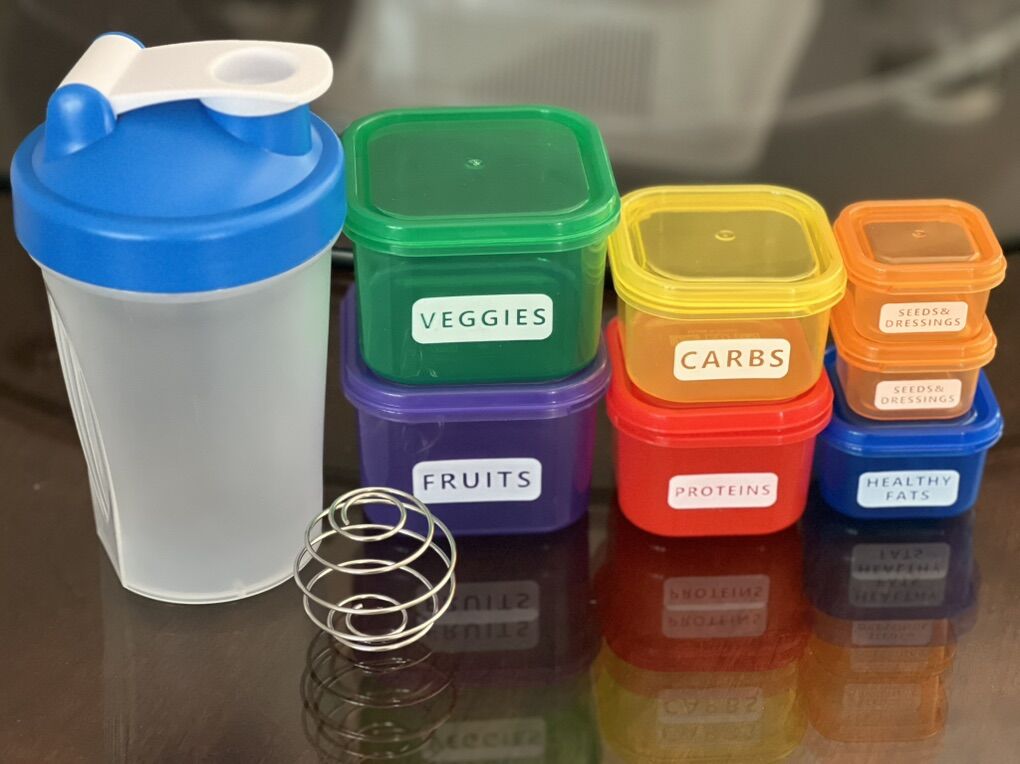 Protein Shake Bottle & Labeled Food Containers