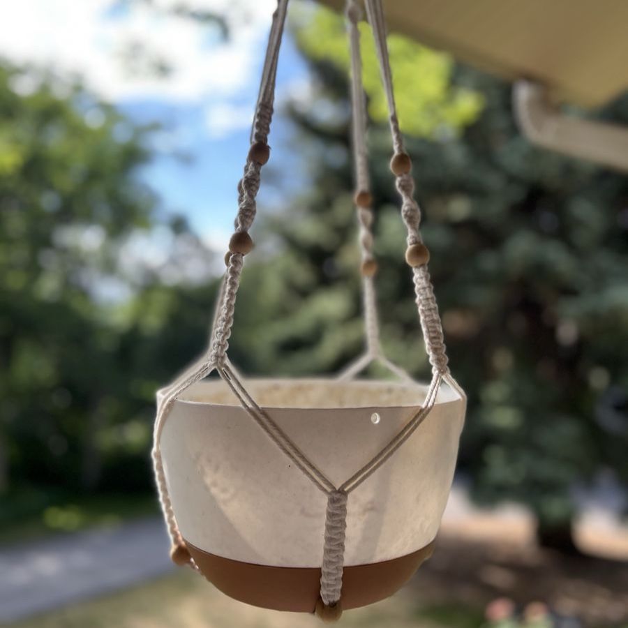 Plant Hanger with White Pots - Set of 3, Beaded Boho Decor