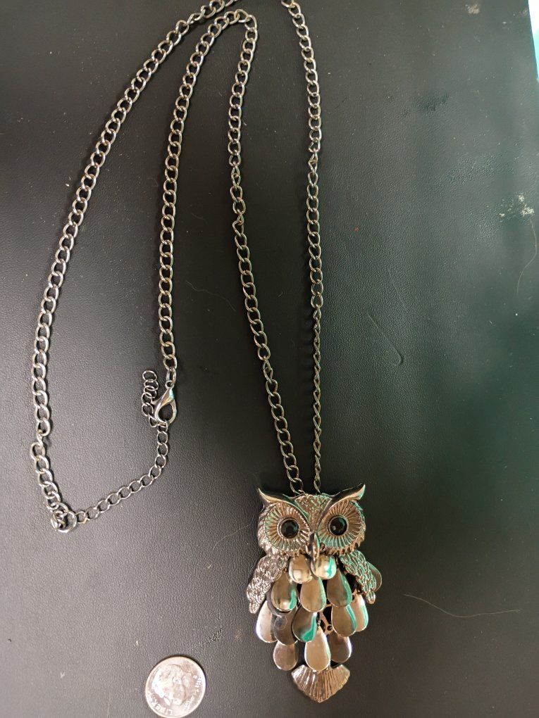 Owl Pendant Necklace Silver Tone Black Eyes Long Chain Statement Jewelry