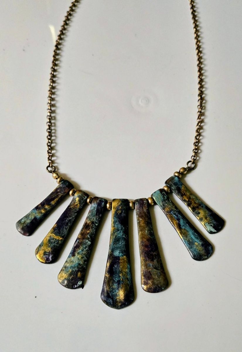 Boho Bib Statement Necklace Unique Rustic Metallic Design Gold Tone Chain