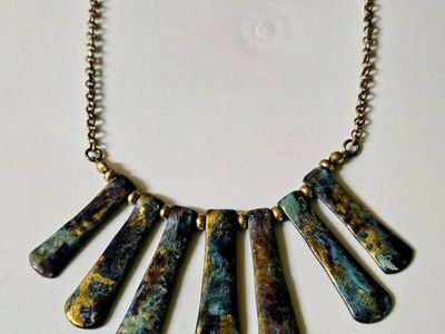 Boho Bib Statement Necklace Unique Rustic Metallic Design Gold Tone Chain