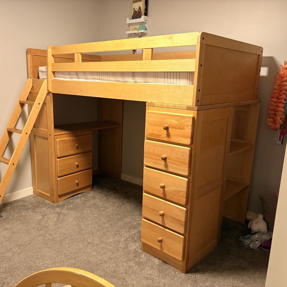 Twin Wood Loft Bed with Integrated Drawers and Shelving