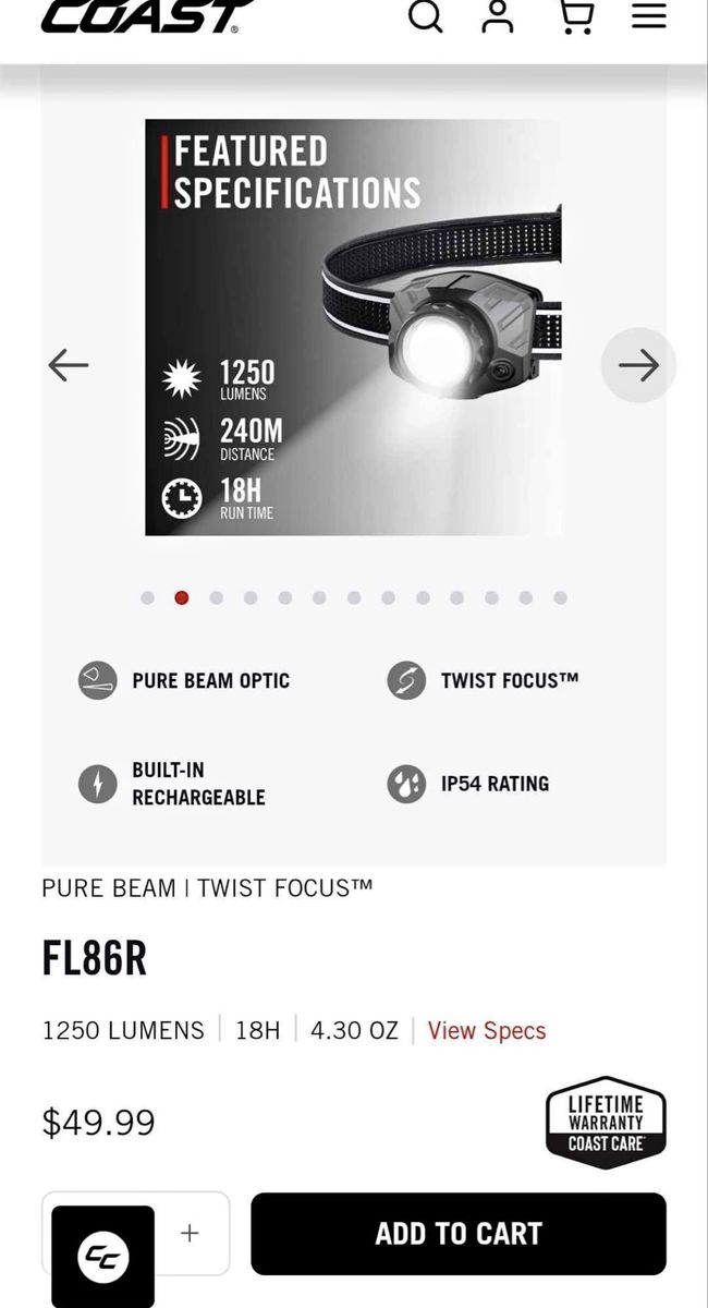 COAST FL86R 1250 Lumens Rechargeable Headlamp with Pure Beam & Twist Focus, IP54 Rated