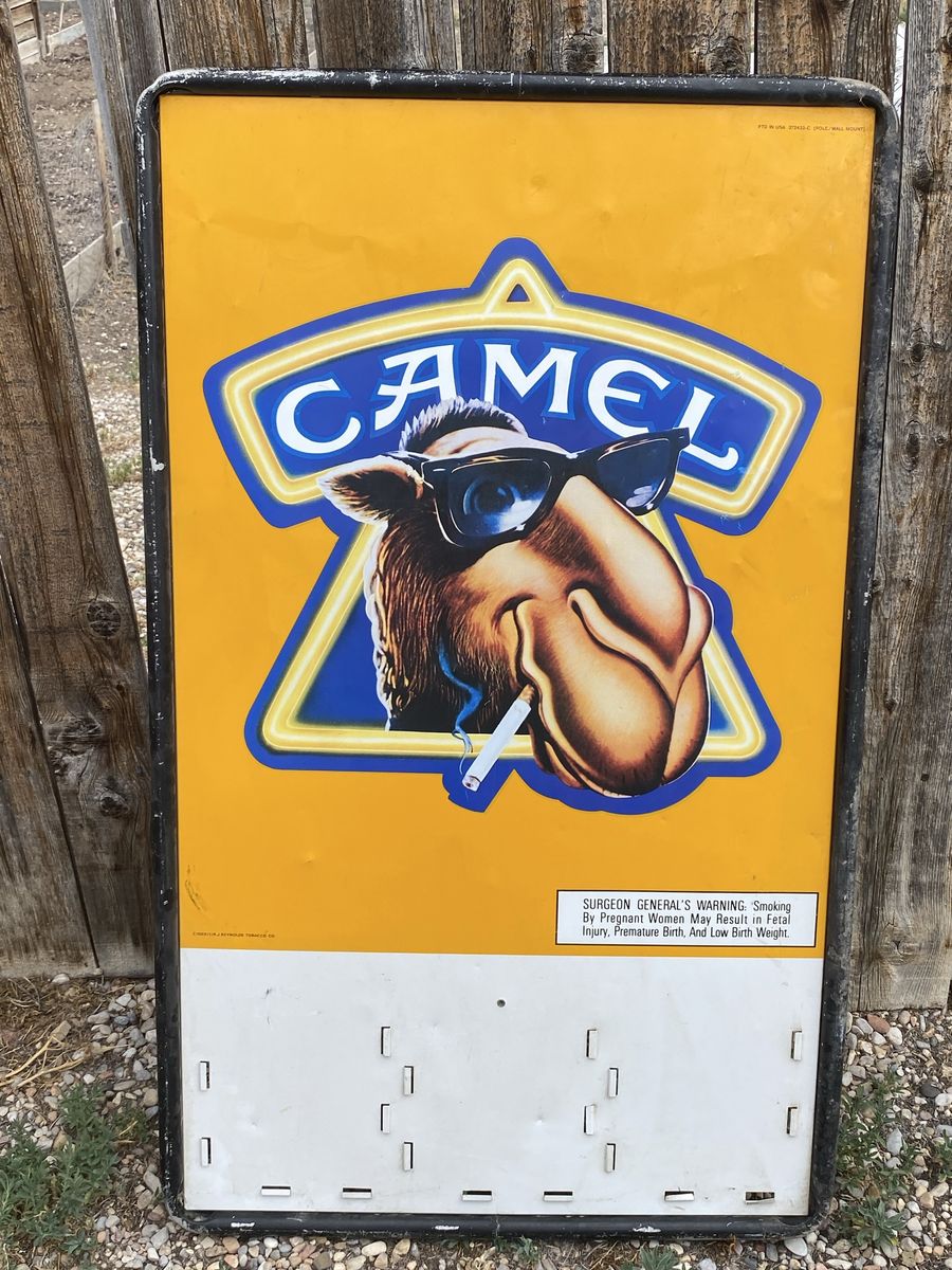 Vintage Camel Cigarettes Joe Camel Metal Sign - Smoking Warning, Wall Mount, 48” x 30”.