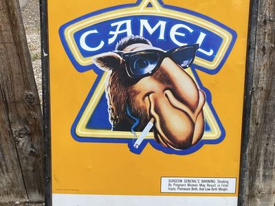 Vintage Camel Cigarettes Joe Camel Metal Sign - Smoking Warning, Wall Mount, 48” x 30”.
