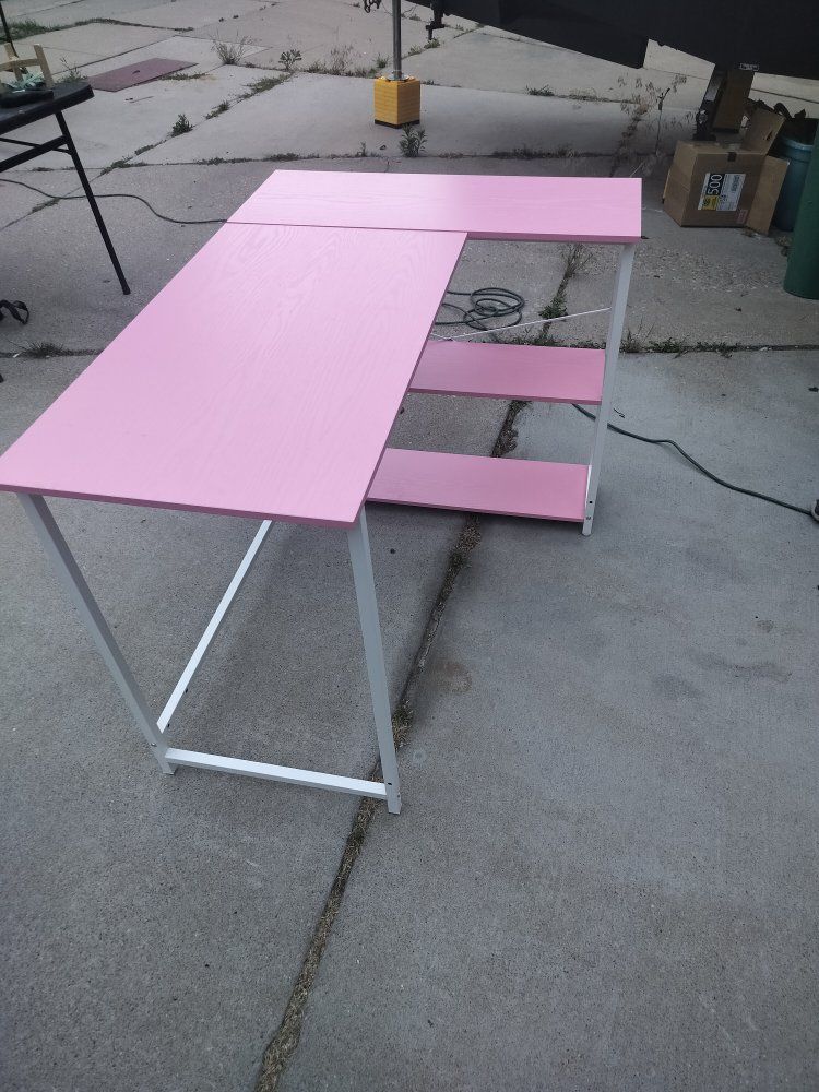 Pink L-Shaped Desk with Storage Shelves - Compact Home Office/Gaming Table