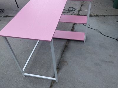 Pink L-Shaped Desk with Storage Shelves - Compact Home Office/Gaming Table