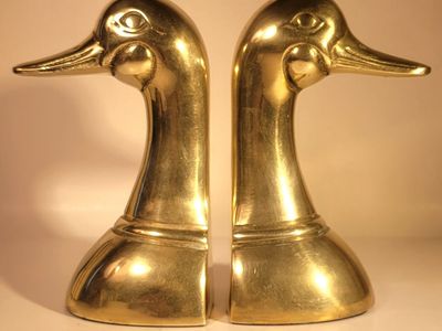Solid Brass Mallard Duck Head Bookends 1950s Leonard Korea MCM