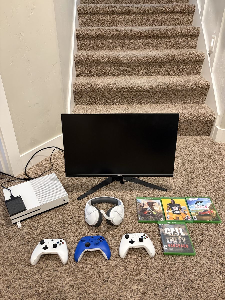 Xbox One S Bundle + ASUS Monitor, 3 Controllers, Headset, Hard drive & Games