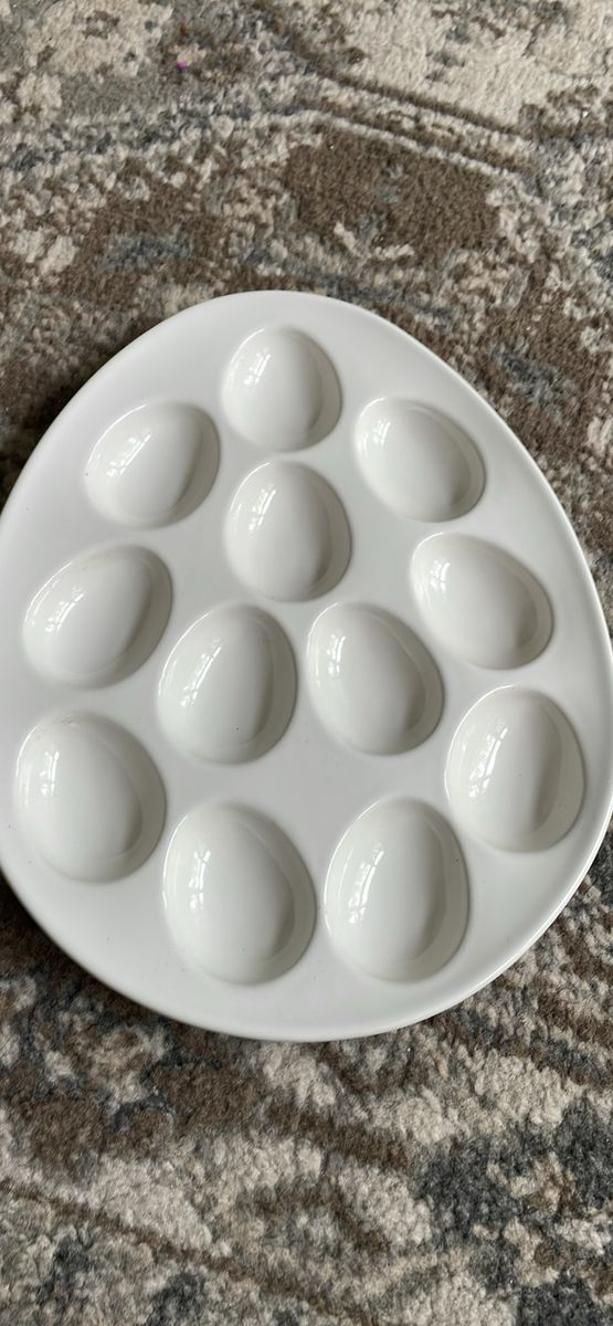 Deviled Egg Plate White Porcelain Egg Shaped Serving Dish Platter 12 Spaces