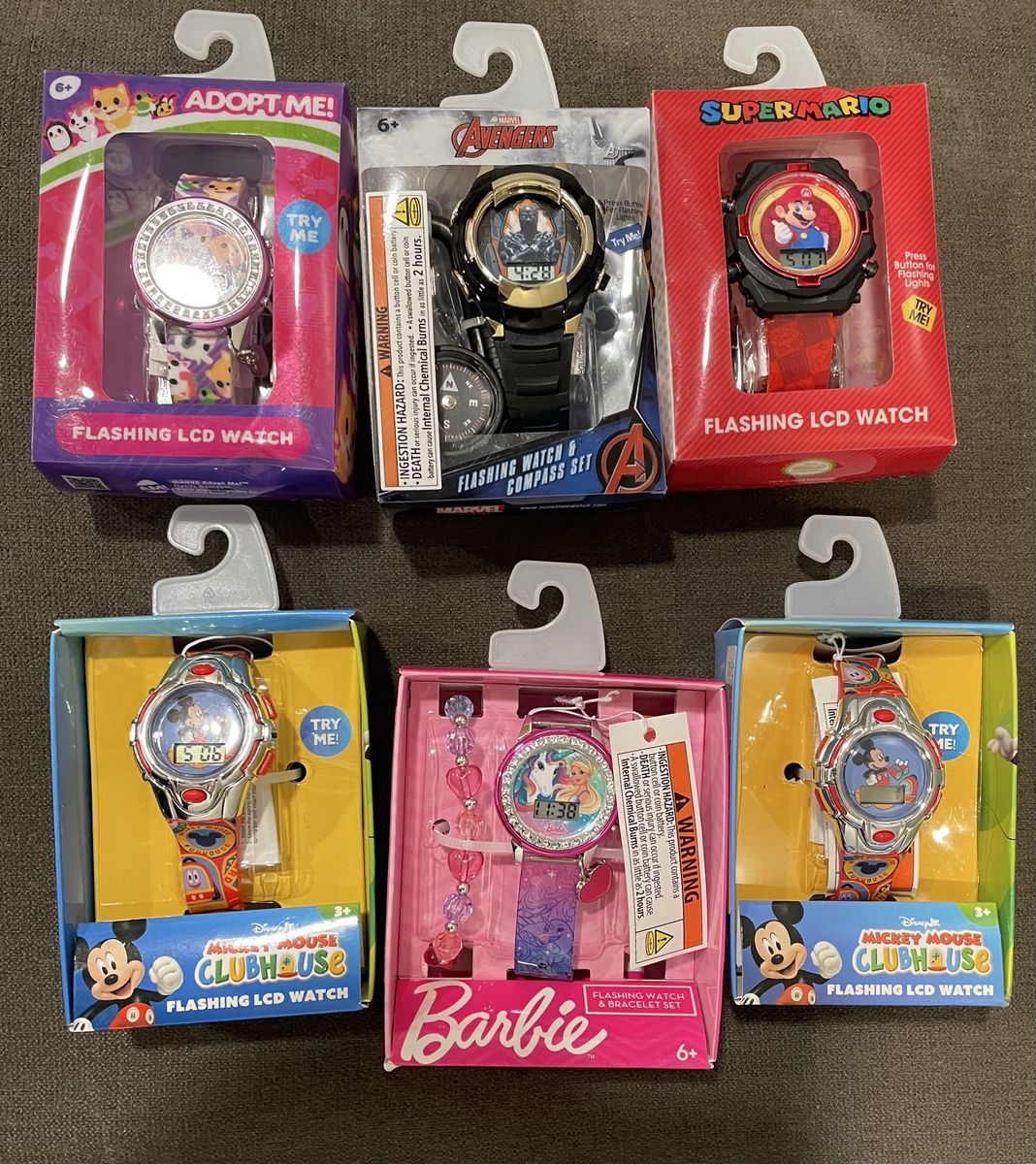 Assorted Kids Character Flashing LCD Watches - Marvel, Disney, Barbie, Adopt Me, Mario