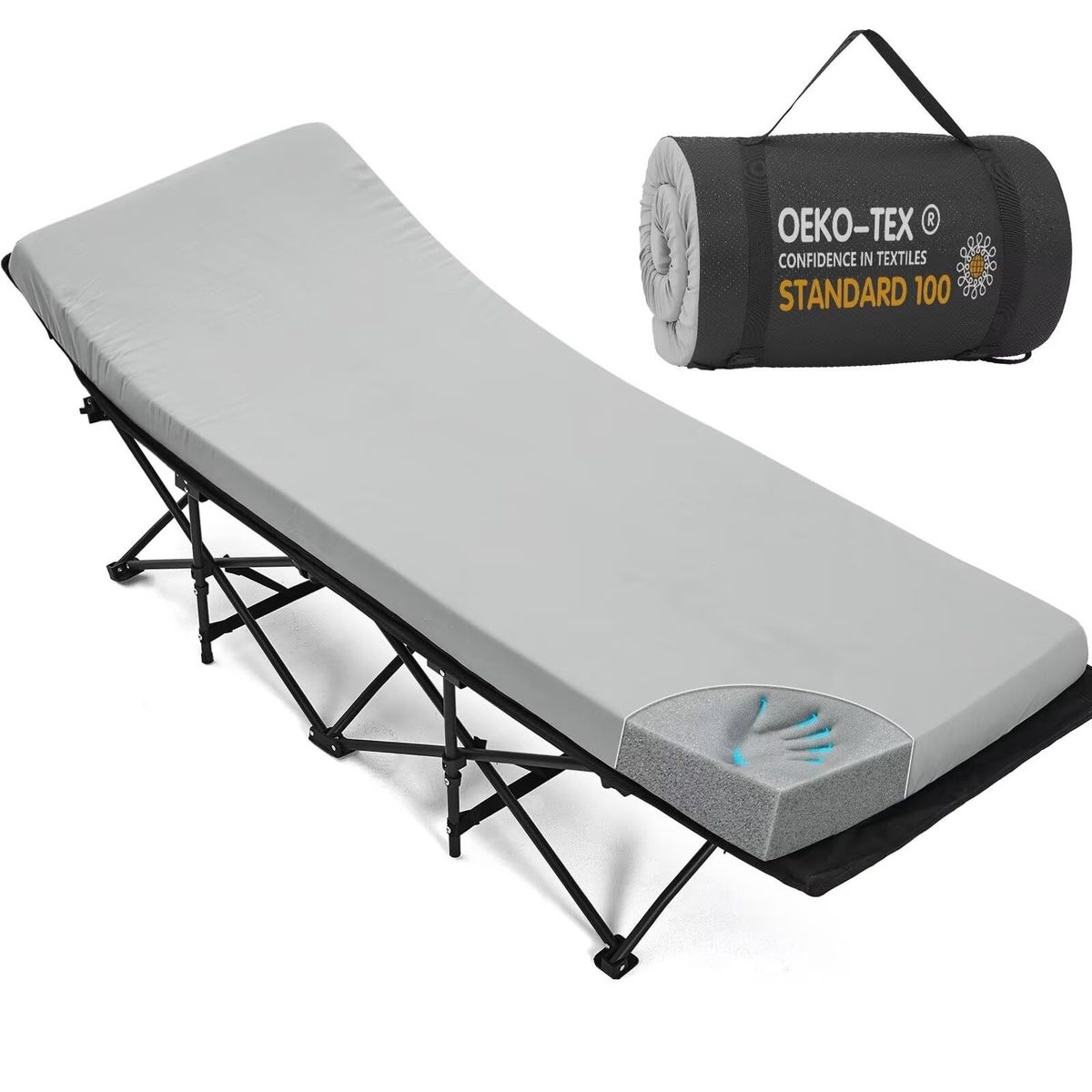 Memory Foam Camping Cot Mattress Pad Pad with OEKO-TEX Travel Bag - Grey PAD ONLY NOT COT