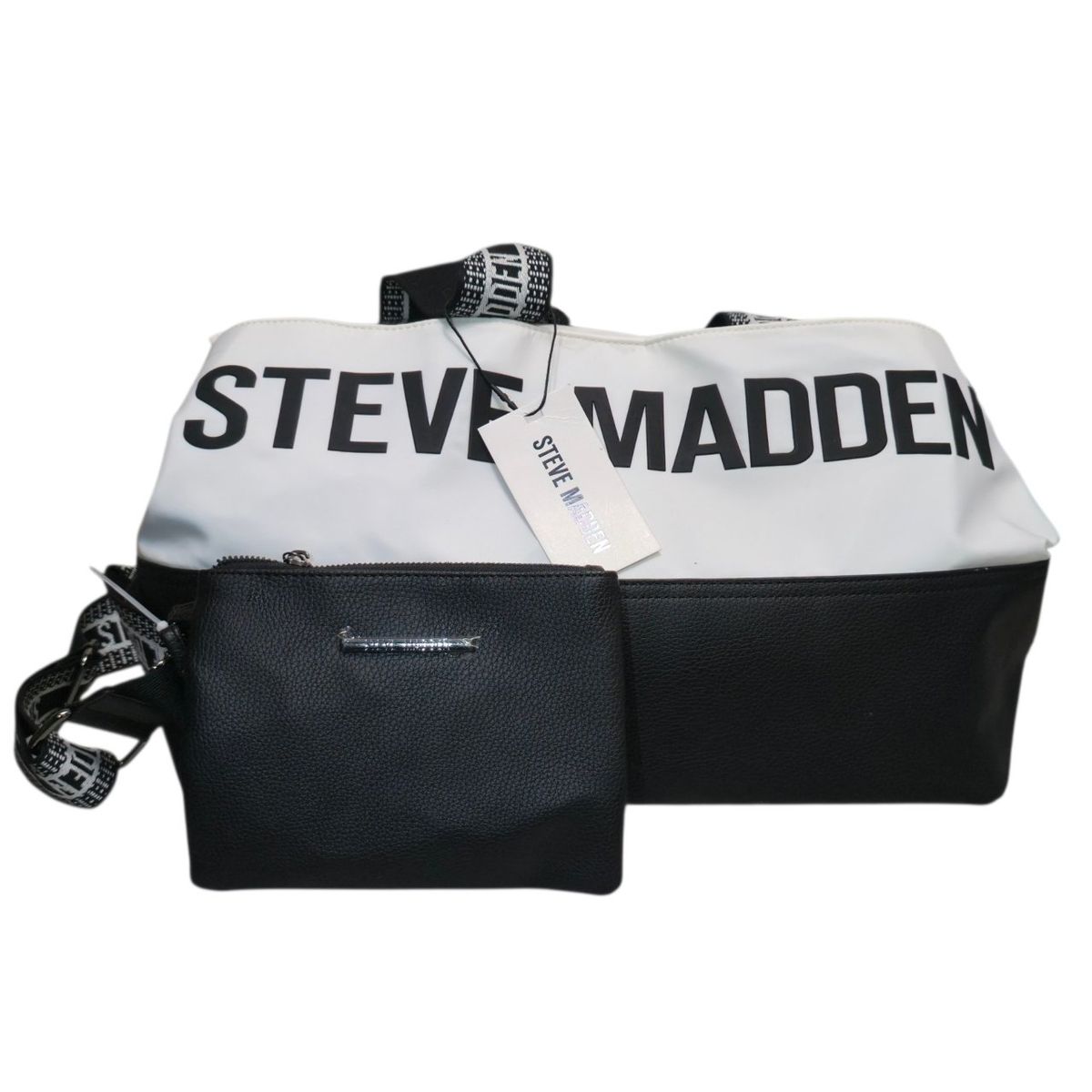 Steve Madden BGYMM Weekender Tote Bag Set White Black NWT Travel Duffel Pouch