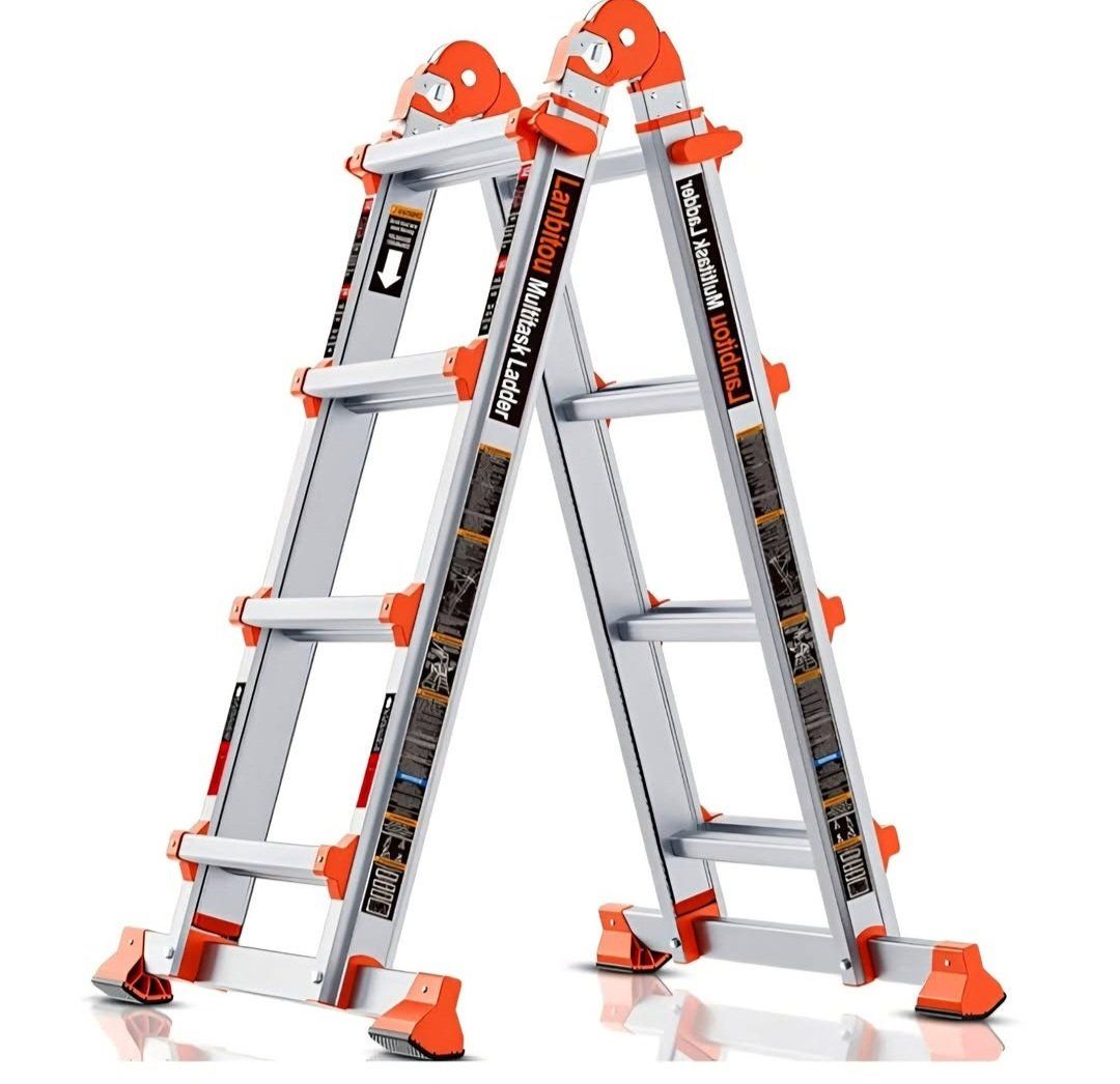 LANBITOU Ladder, A Frame 4 Step Ladder Extension, 14 FT Anti-Slip Multi Position & Storage Folding Ladder, 330 lbs Security Load