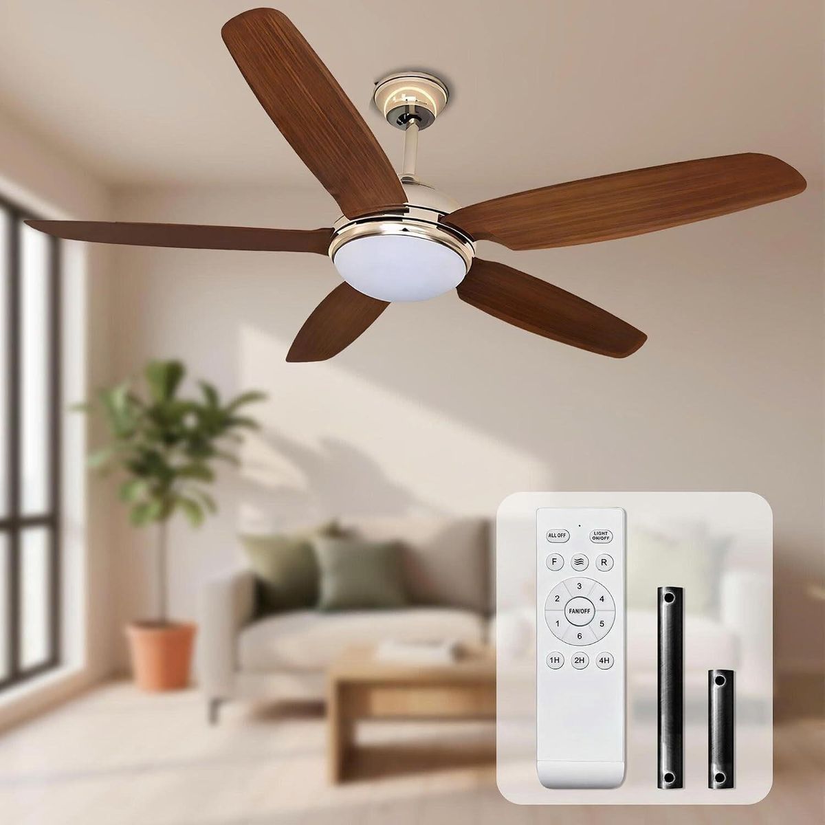 52 Inch Ceiling Fan with Light and Remote, 5 Wood Blades Living Room Ceiling Fan, DC Quiet Reversible Motor, Indoor Fan Lights