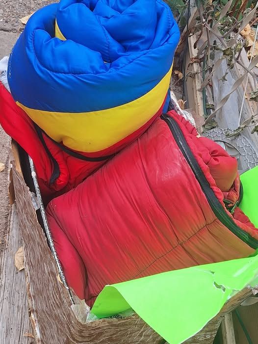 Winter /Ski Coats, boots, mummy bags, gloves, hats, tarps dog food for Homeless