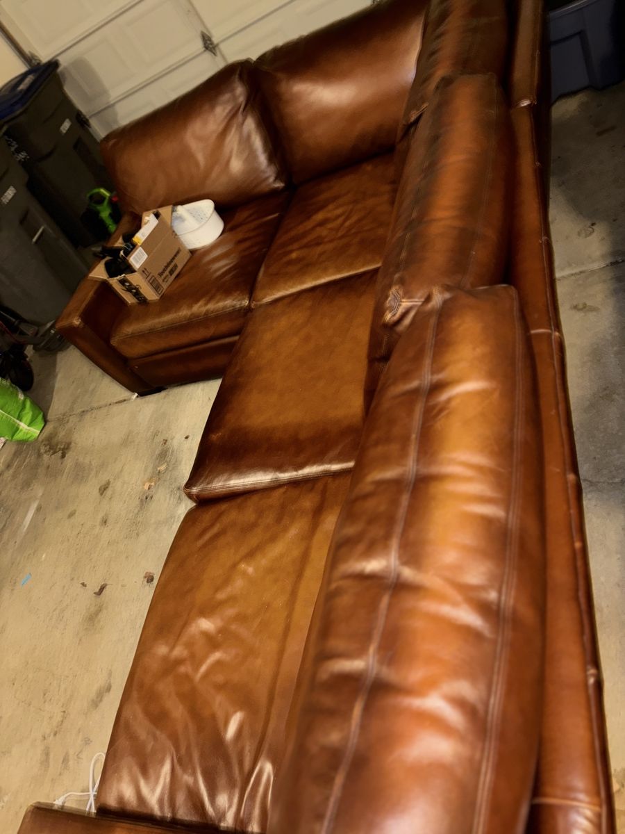 $1550 Pottery Barn Turner Leather Sectional – Genuine Leather–Saddle Brown Excellent Frame–(and 1 minimal mark)