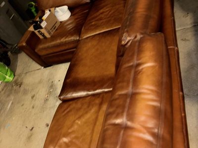 $1550 Pottery Barn Turner Leather Sectional – Genuine Leather–Saddle Brown Excellent Frame–(and 1 minimal mark)