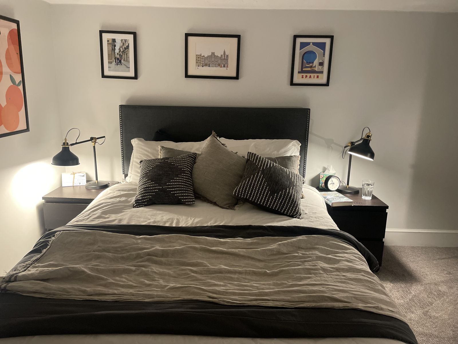 Queen bed frame+headboard+ mattress/boxspring and matching side tables