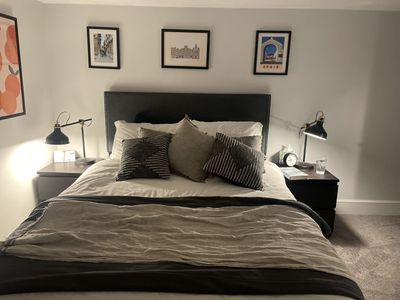 Queen bed frame+headboard+ mattress/boxspring and matching side tables