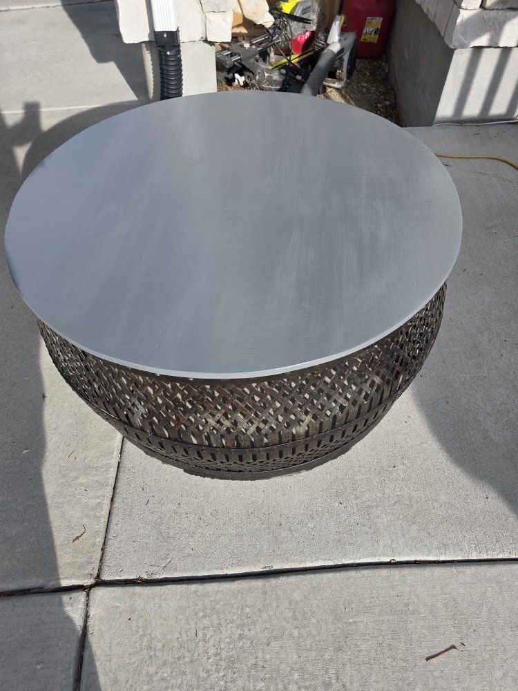 Round Coffee Table with Grey Painted Top and Woven Metal Base