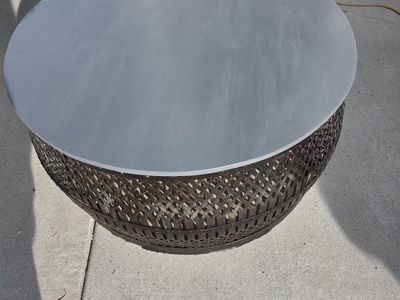 Round Coffee Table with Grey Painted Top and Woven Metal Base