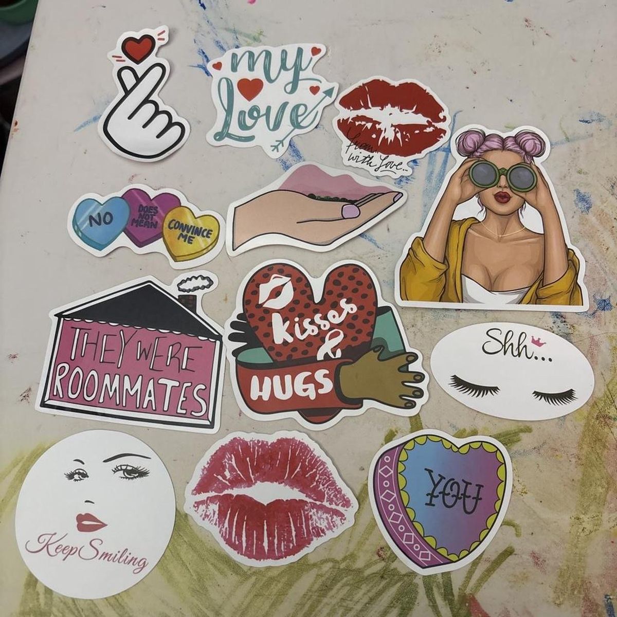 Assorted Fun & Flirty Die-Cut Stickers - Kisses, Hearts, Lips & More - 12 Piece Set