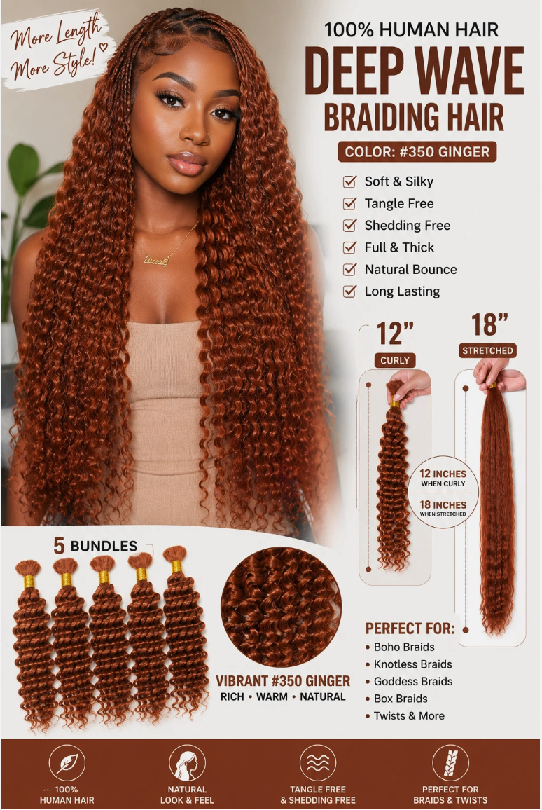 5 Bundles #350 Ginger Human Braiding Hair Deep Wave Curly Bulk 12" 18" Stretched