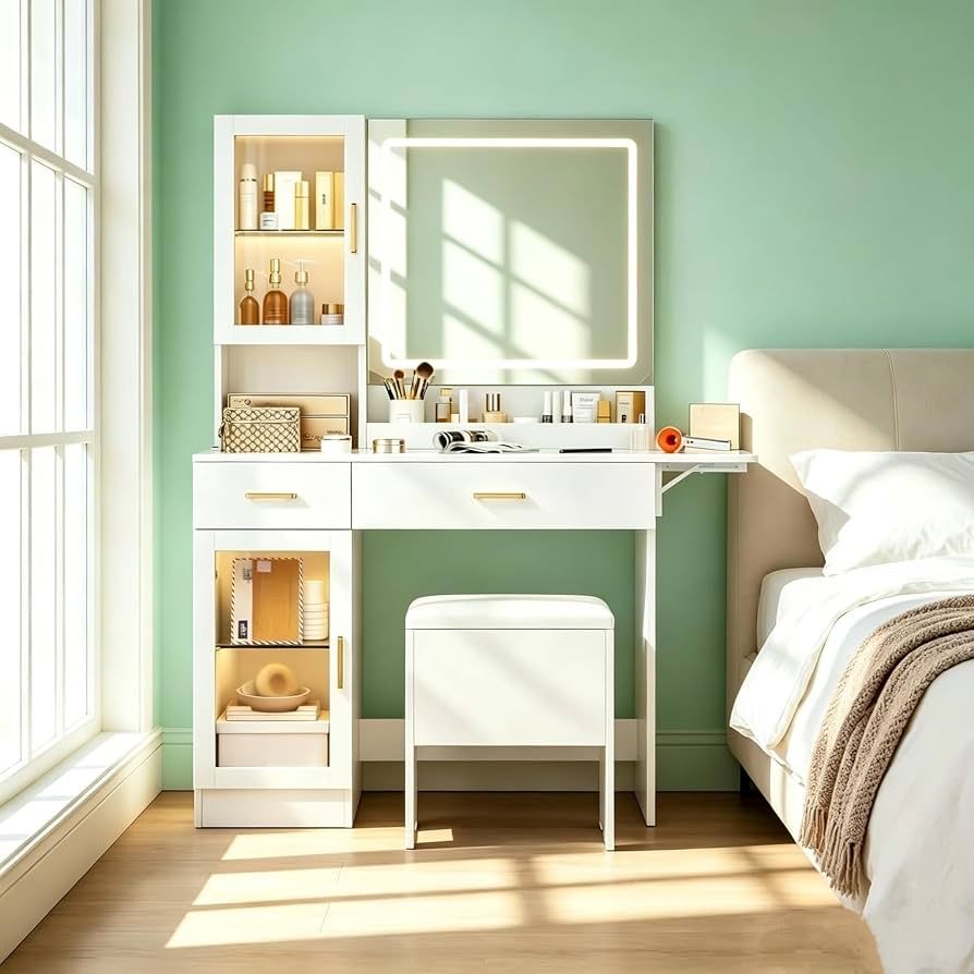 Vanity Desk with Built-in Power Outlet & USB Ports, 2 Drawers & Storage Cabinet