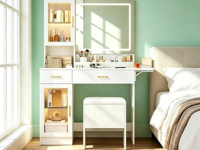 Vanity Desk with Built-in Power Outlet & USB Ports, 2 Drawers & Storage Cabinet