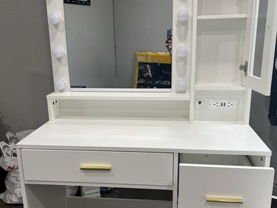 White Vanity Desk w/ Lighted Mirror, USB Ports, Storage Drawers & Cabinet