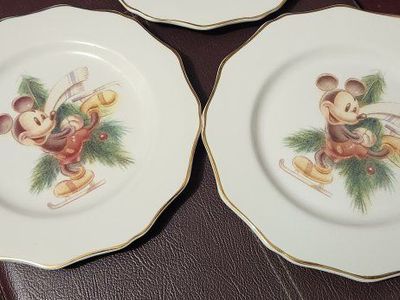 Disney Mickey Mouse Christmas Plates - Set of 3, Scalloped Edges, Gold Trim