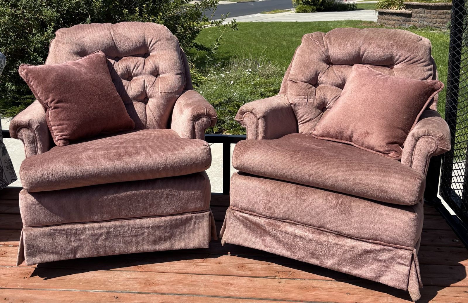Vintage Mauve Velvet Tufted Armchairs with Accent Pillows - Pair