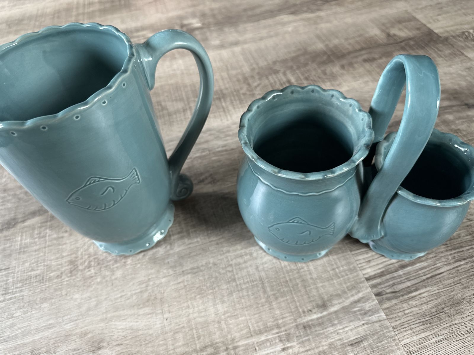 Tabletops Lifestyles Madrigal Ceramic Pitcher & Caddy Set - Hand Painted, Fish Motif, Teal Blue