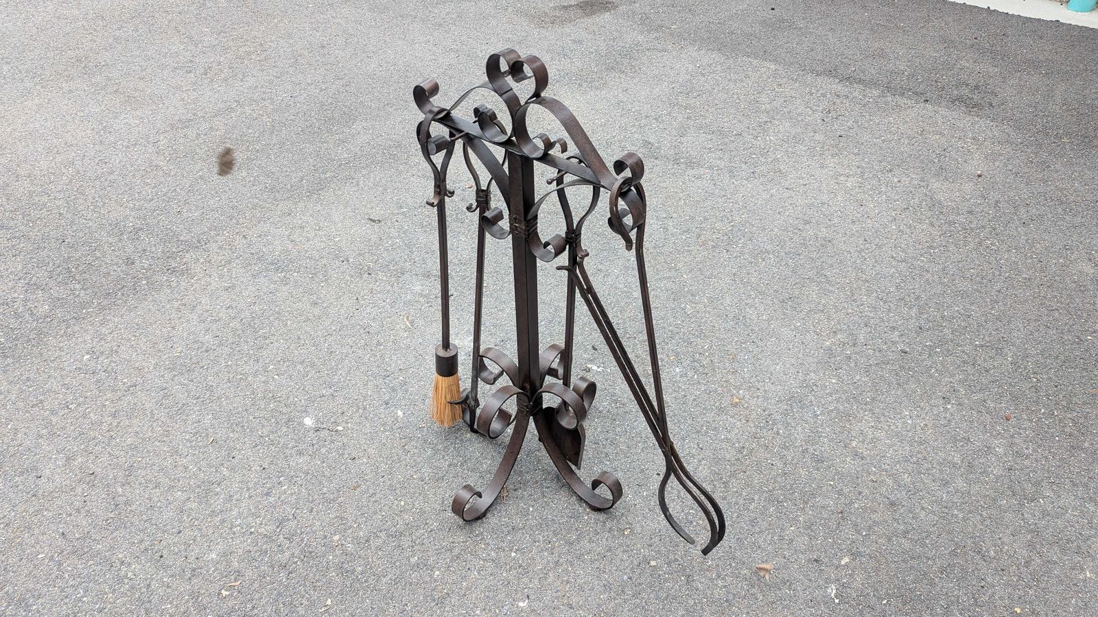 Hand-Forged Wrought Iron Fireplace Tool Set with Stand — 4 Piece