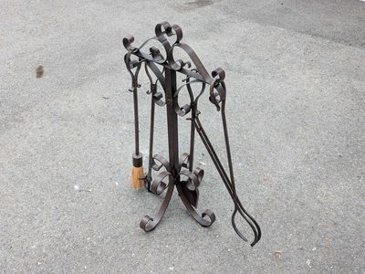 Hand-Forged Wrought Iron Fireplace Tool Set with Stand — 4 Piece