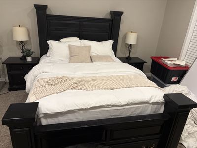 Black Wooden Queen Size Bed Frame with 2 Matching Nightstands - Complete Bedroom Set