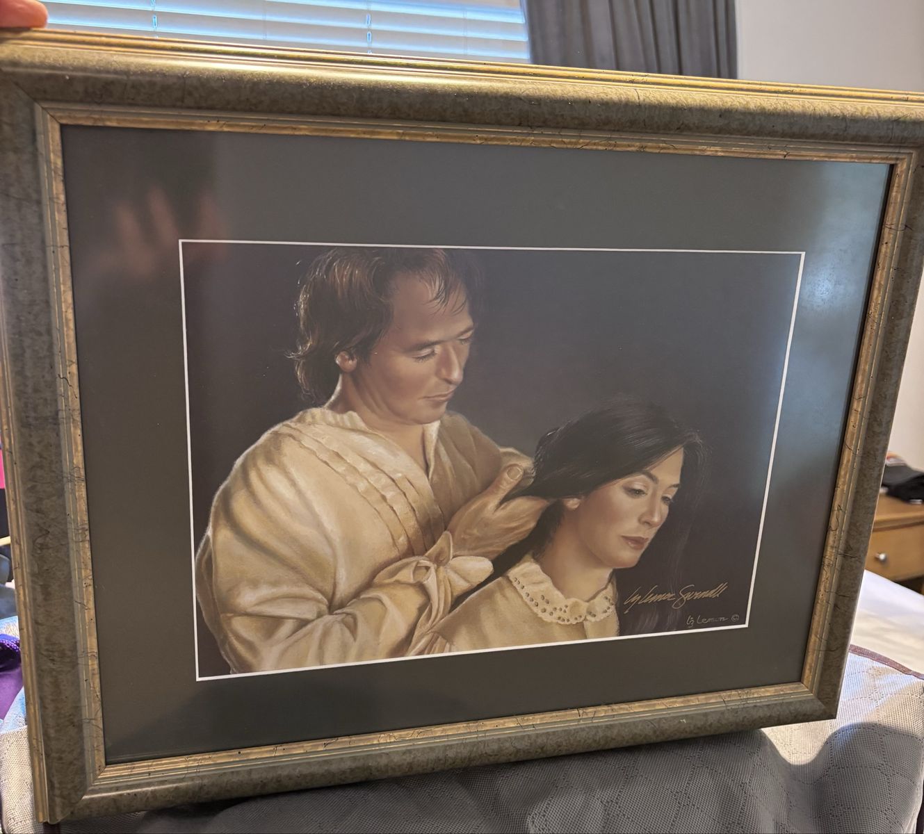 Custom framed signed art Joseph Smith brushing Emma’s hair