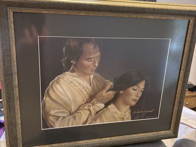 Custom framed signed art Joseph Smith brushing Emma’s hair