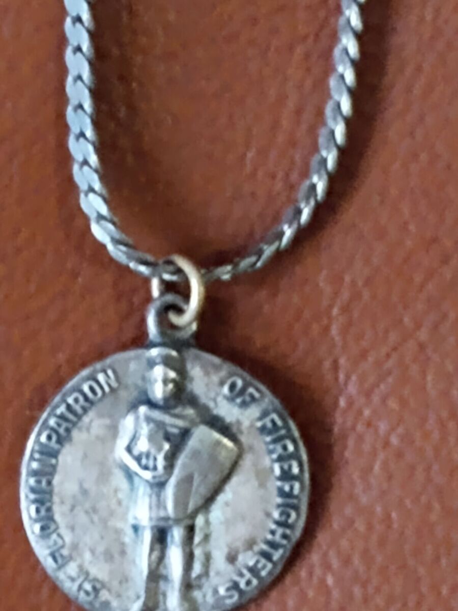 Vintage Saint Florian patron Saint of firefighters medallion sterling silver pendant necklace Catholic