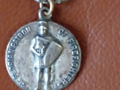 Vintage Saint Florian patron Saint of firefighters medallion sterling silver pendant necklace Catholic