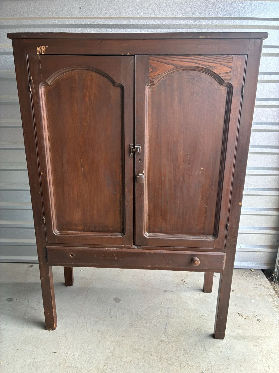 Vintage Dark Wood Pie Safe Cabinet w/ Punched Tin Panels