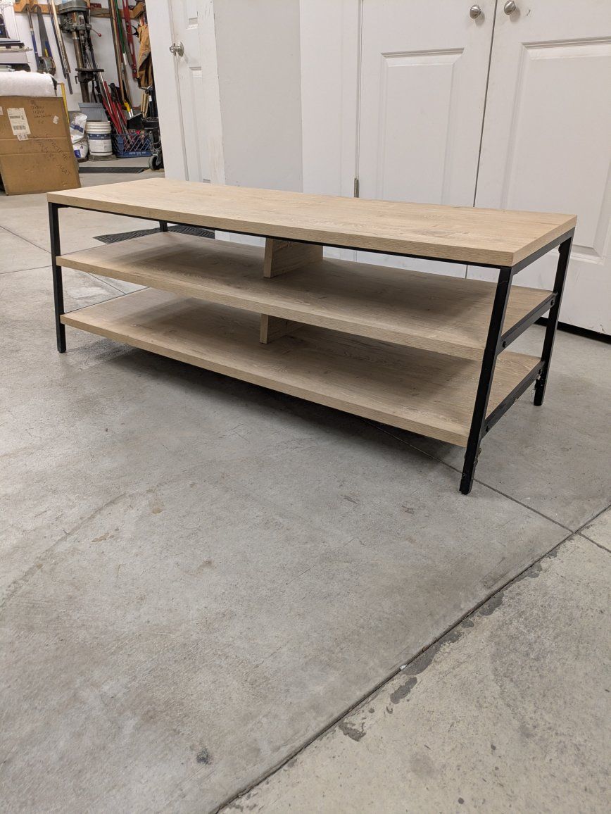 Industrial Style 3-Tier Media Console/TV Stand - Light Wood & Black Metal, 55" Long