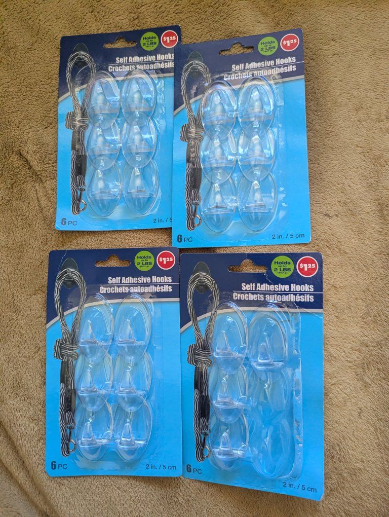 24 Self Adhesive Hooks, Clear, 2 lbs Capacity, 2-inch (5cm) Hooks, Home & Office Organization