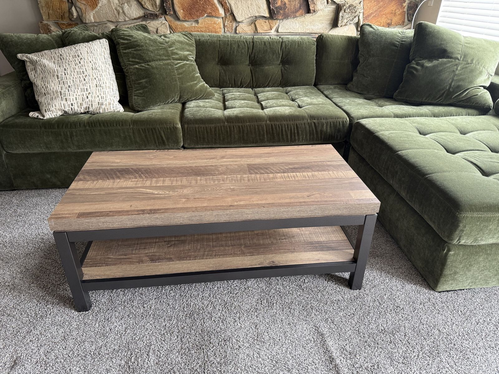 Industrial Style Coffee Table - Wood Grain Finish & Metal Frame, Lower Shelf for Storage