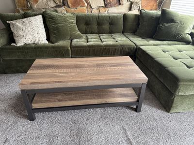 Industrial Style Coffee Table - Wood Grain Finish & Metal Frame, Lower Shelf for Storage