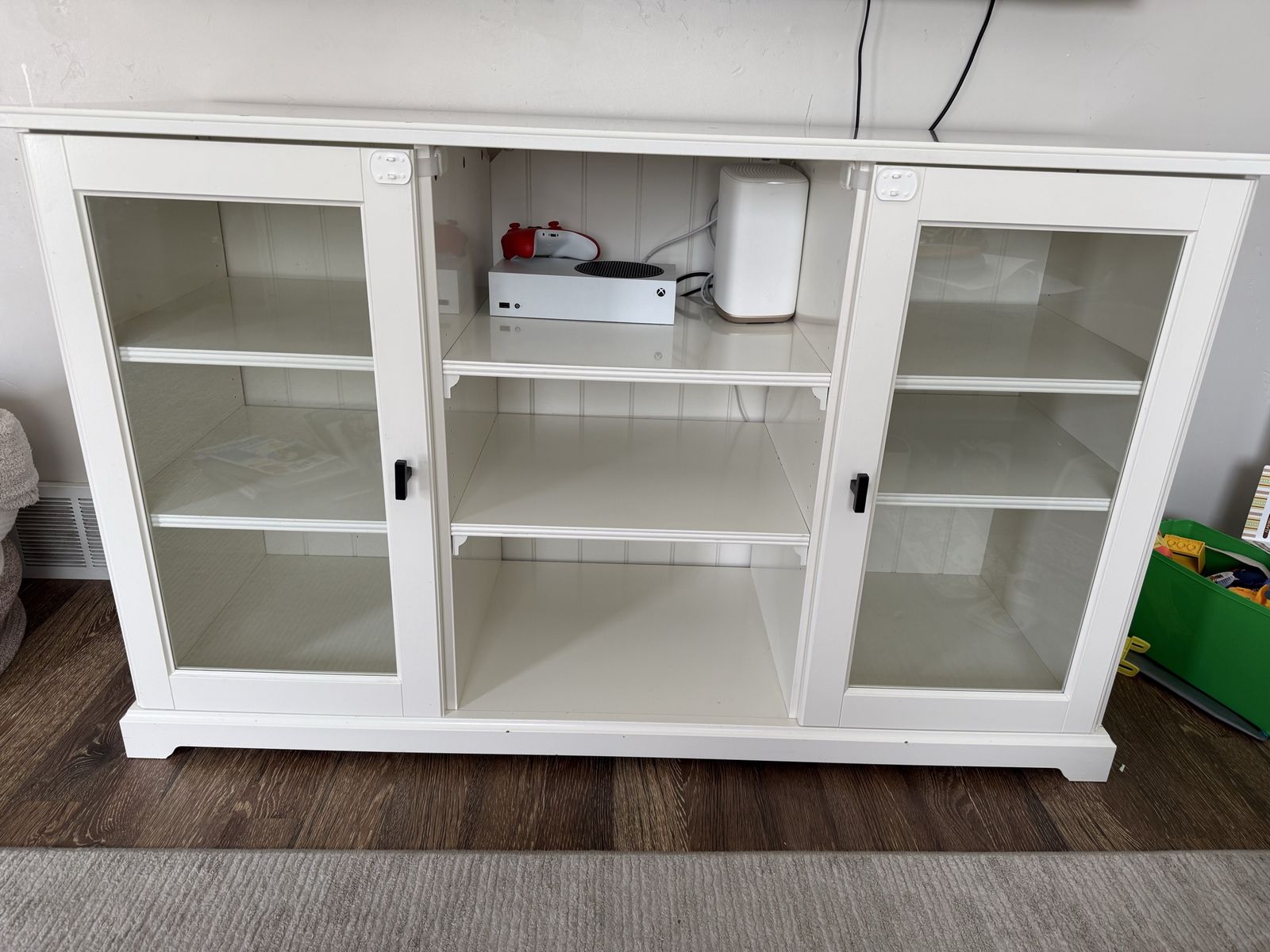 IKEA White Media Console with Glass Doors and Adjustable Shelves