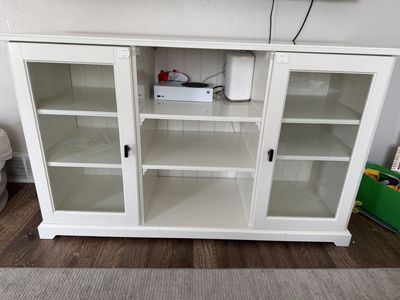 IKEA White Media Console with Glass Doors and Adjustable Shelves